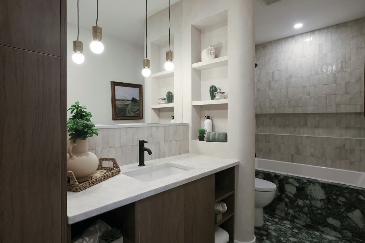 modern banyo dolabı ve lavabo tasarımı ile şık banyo dekorasyonu