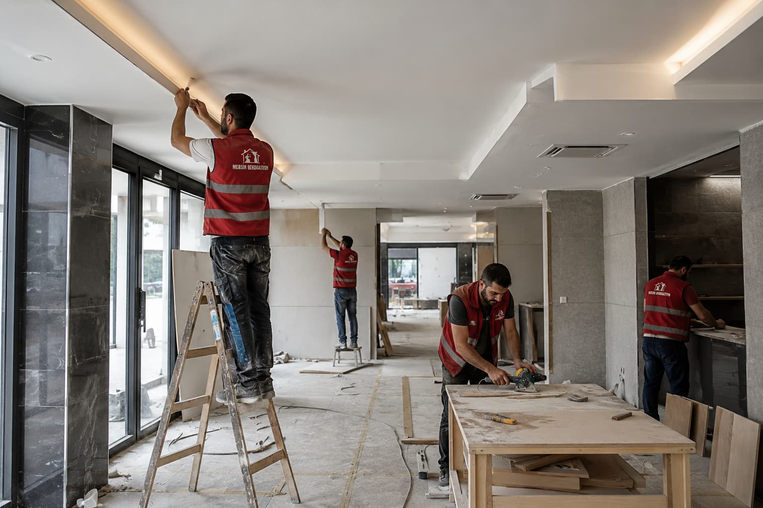 Mersin Dekorasyon ekibi ticari alan ve iş yeri tadilatı çalışması gerçekleştiriyor.