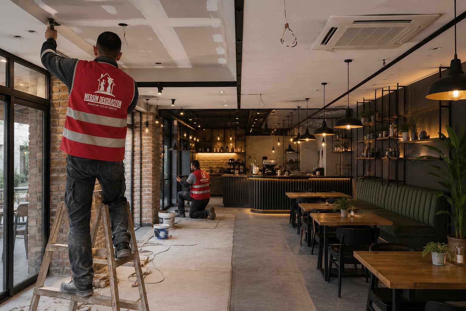 Mersin Dekorasyon ekibinin modern restoran tadilatı çalışması, anahtar teslim cafe ve restoran dekorasyonu uygulaması.